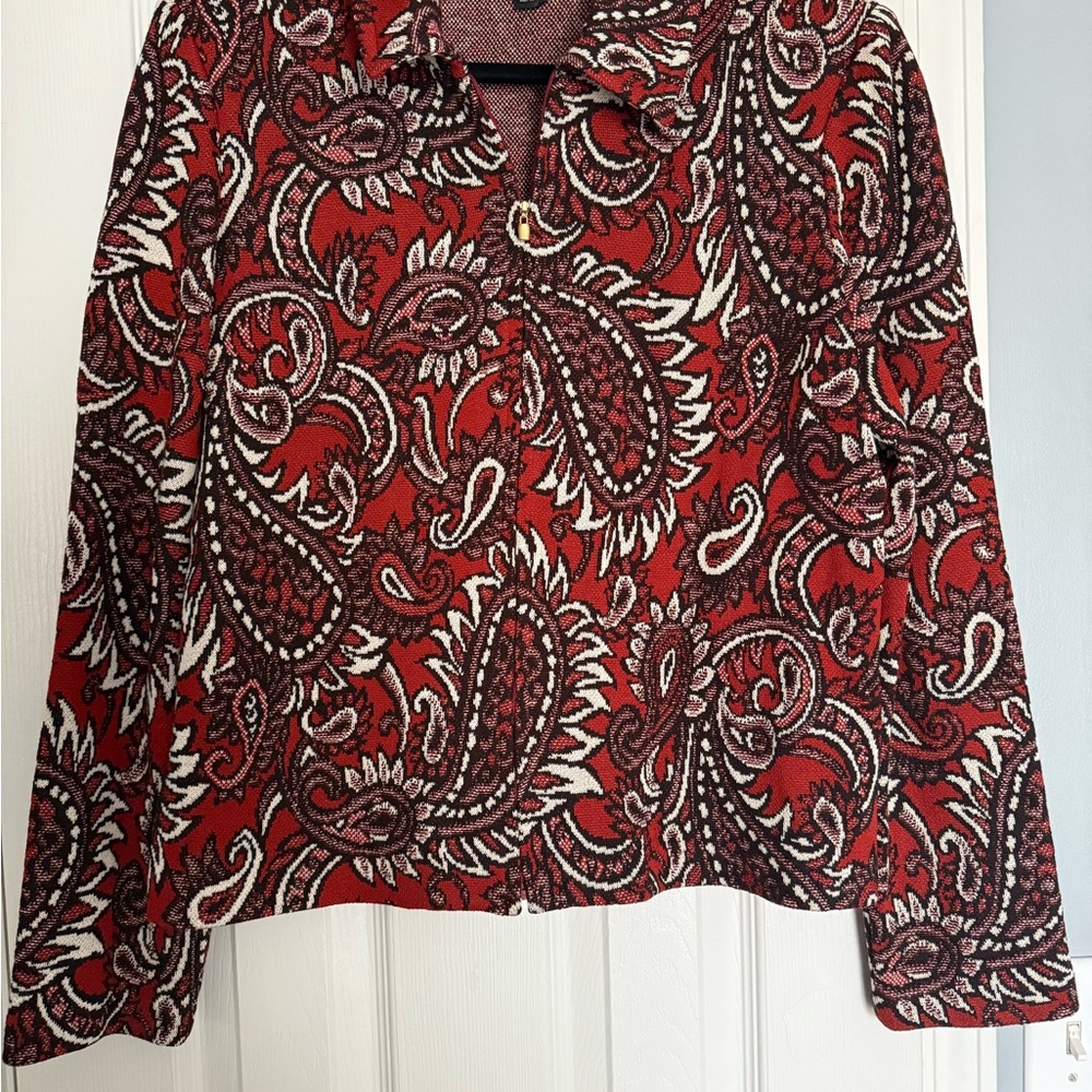 St. John Red and White Paisley knit jacket